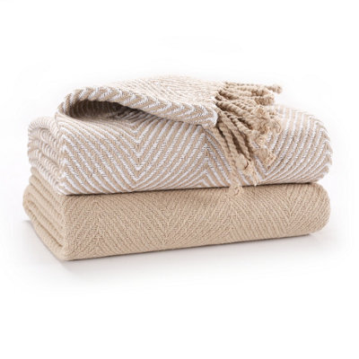 Ehc Luxury Pack Of 2 Chevron Cotton Single Sofa Throw Blanket, 125X 150Cms - Beige - image 1