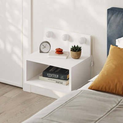 Decortie Floating Bedside Table With 3 Led Lights 30Cm Modern Wall-Mounted Open Shelf For Storage, Bedroom Space-Saver, White - image 1