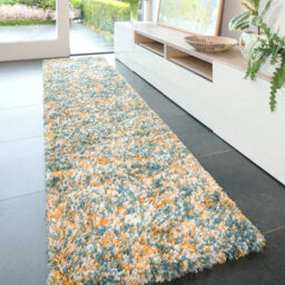 Loomed Super Soft Mottled Tonal Teal Blue & Ochre Shaggy Runner Rug 60X240Cm - thumbnail 1