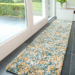 Loomed Super Soft Mottled Tonal Teal Blue & Ochre Shaggy Runner Rug 60X240Cm - thumbnail 2