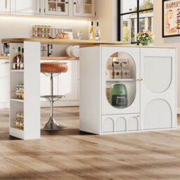 Btm Rotating Bar Table With Storage Shelves Kitchen Island With Doors And Sideboard Cabinet White - thumbnail 2