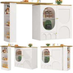 Btm Rotating Bar Table With Storage Shelves Kitchen Island With Doors And Sideboard Cabinet White - thumbnail 9
