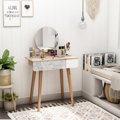 Homcom Wooden Compact Dressing Table W/ Drawer Mirror 4 Legs Table Top Bedroom - image 1
