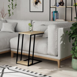 Fwstyle Natural Oak Finish Sofa End Side Table Scratch Resistant Metal Frame