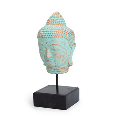 Serenityy Stillness Buddha Head On Stand, Green Copper Finish - Metal Head Sculpture, 1.32 Kg, Indoor Centrepiece - image 1