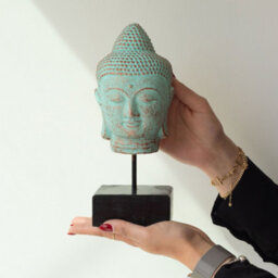 Serenityy Stillness Buddha Head On Stand, Green Copper Finish - Metal Head Sculpture, 1.32 Kg, Indoor Centrepiece - thumbnail 2