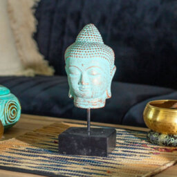 Serenityy Stillness Buddha Head On Stand, Green Copper Finish - Metal Head Sculpture, 1.32 Kg, Indoor Centrepiece - thumbnail 3