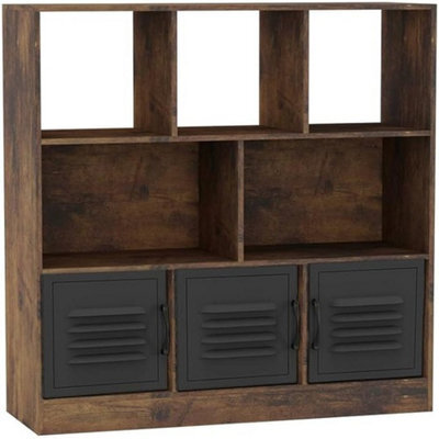 Urbn-Living Urbnliving Asymmetrical 8 Cube Rustic Brown Bookcase Freestanding Storage Unit With 3 Metal Doors - Black - image 1