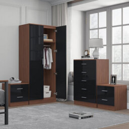 Reflect 2 Door Plain Wardrobe, 5 Drawer Chest, 2X 2 Drawer Bedsides - Black Gloss & Walnut - Modern Bedroom Furniture Set - thumbnail 2