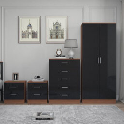 Reflect 2 Door Plain Wardrobe, 5 Drawer Chest, 2X 2 Drawer Bedsides - Black Gloss & Walnut - Modern Bedroom Furniture Set - thumbnail 3