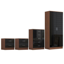 Reflect 2 Door Plain Wardrobe, 5 Drawer Chest, 2X 2 Drawer Bedsides - Black Gloss & Walnut - Modern Bedroom Furniture Set - thumbnail 6