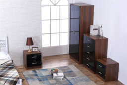 Reflect 2 Door Plain Wardrobe, 5 Drawer Chest, 2X 2 Drawer Bedsides - Black Gloss & Walnut - Modern Bedroom Furniture Set