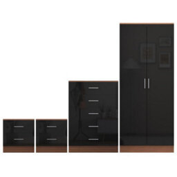 Reflect 2 Door Plain Wardrobe, 5 Drawer Chest, 2X 2 Drawer Bedsides - Black Gloss & Walnut - Modern Bedroom Furniture Set - thumbnail 5