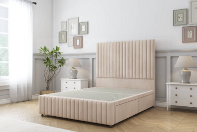 "Sloomy Madison Sand Naples Divan Bed 2 Drawers Right Side-26"" Strutted Headboard 12"" Footboard 4'6 Double" - image 1