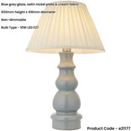 Loops Blue Grey Glaze & Satin Nickel Plate Table Lamp - Cream Fabric - 650mm Tall Light - thumbnail 2