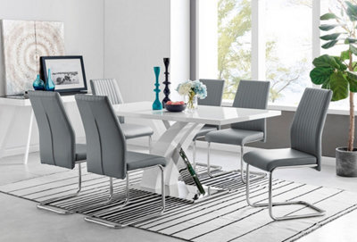 Furniturebox Atlanta White High Gloss And Chrome 6 Seater Dining Table With Statement X Shaped Legs And 6 Grey Faux Leather Lorenzo Chairs - image 1