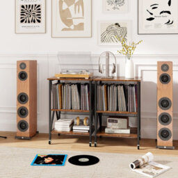Costway Vinyl Record Storage Shelf Turntable Stand W/ Divider Metal Frame Side Table-Brown - thumbnail 9
