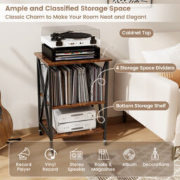 Costway Vinyl Record Storage Shelf Turntable Stand W/ Divider Metal Frame Side Table-Brown - thumbnail 3
