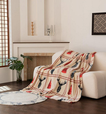 Kampala Hill Red Fleece Blanket Throw With Stags - image 1