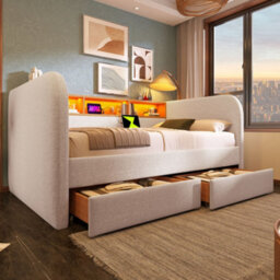 Abrihome Beige Linen 3Ft Daybed With Headboard Storage, Led Usb-C Light & 2 Drawers, 90X190Cm - thumbnail 9