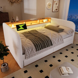 Abrihome Beige Linen 3Ft Daybed With Headboard Storage, Led Usb-C Light & 2 Drawers, 90X190Cm - thumbnail 8