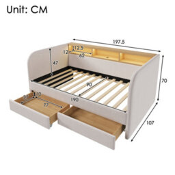 Abrihome Beige Linen 3Ft Daybed With Headboard Storage, Led Usb-C Light & 2 Drawers, 90X190Cm - thumbnail 5