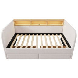 Abrihome Beige Linen 3Ft Daybed With Headboard Storage, Led Usb-C Light & 2 Drawers, 90X190Cm - thumbnail 6
