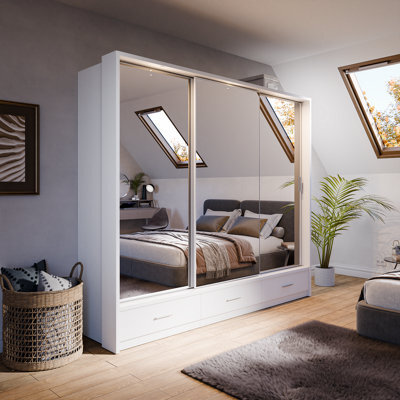 Arte Lux Xxiii - Modern Mirrored Sliding Door Wardrobe (H2150mm W2500mm D630mm) With Drawers And Led Lighting - White Matt - image 1