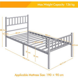 Yaheetech Silver 3Ft Single Metal Bed Frame With Slatted Headboard And Footboard - thumbnail 5