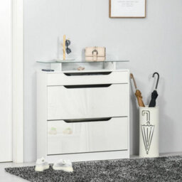 Shoe Cabinet With 3 Drawers, High Gloss Front Panels, Glass Top White - thumbnail 6