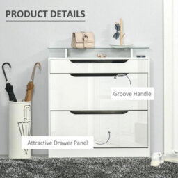 Shoe Cabinet With 3 Drawers, High Gloss Front Panels, Glass Top White - thumbnail 4