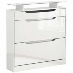 Shoe Cabinet With 3 Drawers, High Gloss Front Panels, Glass Top White - thumbnail 1