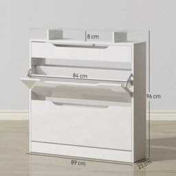 Shoe Cabinet With 3 Drawers, High Gloss Front Panels, Glass Top White - thumbnail 2