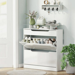 Shoe Cabinet With 3 Drawers, High Gloss Front Panels, Glass Top White - thumbnail 3