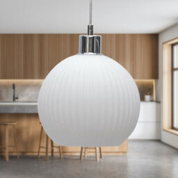 First Choice Lighting Betchley - White Ribbed Glass Globe With Chrome Pendant Fitting - thumbnail 3