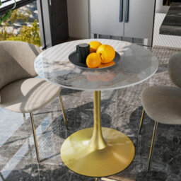 Fativo 76Cm Round Bar Sintered Stone Marble Table 100Cmh Circular Cocktail Table, Gold Base W/ Grey Pattern