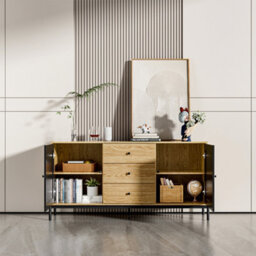 Living And Home 3 Drawer Brown Oak Effect Storage Cabinet Cupboard Sideboard Buffet Unit Rattan Door - thumbnail 3
