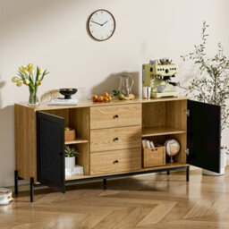 Living And Home 3 Drawer Brown Oak Effect Storage Cabinet Cupboard Sideboard Buffet Unit Rattan Door - thumbnail 2
