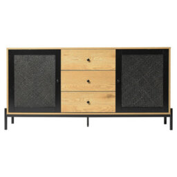 Living And Home 3 Drawer Brown Oak Effect Storage Cabinet Cupboard Sideboard Buffet Unit Rattan Door - thumbnail 4