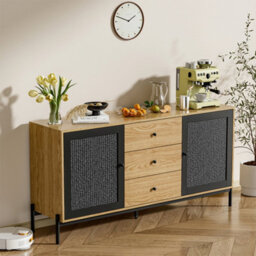 Living And Home 3 Drawer Brown Oak Effect Storage Cabinet Cupboard Sideboard Buffet Unit Rattan Door