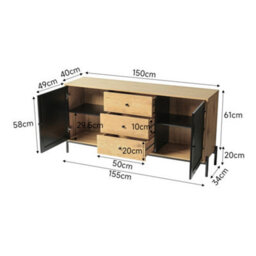 Living And Home 3 Drawer Brown Oak Effect Storage Cabinet Cupboard Sideboard Buffet Unit Rattan Door - thumbnail 6