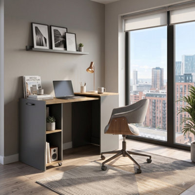 Folding Computer Desk Shefa Line Flexi Graphite & Wotan Oak (Folding Top And Mobile Storage Unit) - image 1