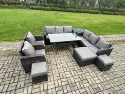 Fimous Outdoor Garden Patio Furniture Wicker Rattan Oblong Dining Table And Lounge Sofa Set With Adjustable Chair Side Table - thumbnail 2
