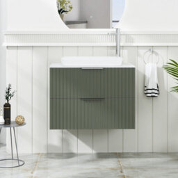 Royal Bathrooms Evora 700mm Sage Green Fluted Wall Hung Countertop Vanity Unit 2 Drawer With Qubix Basin - thumbnail 1