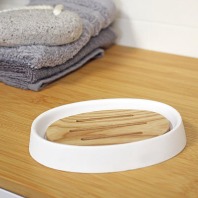 Showerdrape Sonata White & Bamboo Soap Dish - image 1