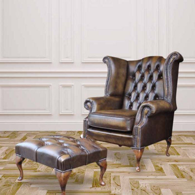 Chesterfield High Back Wing Chair + Footstool Antique Gold Leather In Queen Anne Style - image 1
