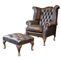 Chesterfield High Back Wing Chair + Footstool Antique Gold Leather In Queen Anne Style - thumbnail 2