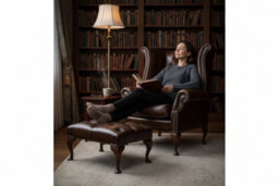 Chesterfield High Back Wing Chair + Footstool Antique Gold Leather In Queen Anne Style - thumbnail 3