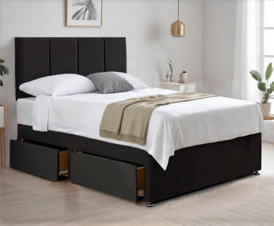 Comfort Black 4Ft Small Double Plush Divan Bed With Spring Memory Foam Mattress 20 Inch Headboard And Drawers