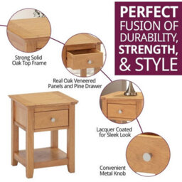 Small Side Table, Wooden Oak Lamp Table With Drawer & Shelf, Chic Bedside Table - thumbnail 3